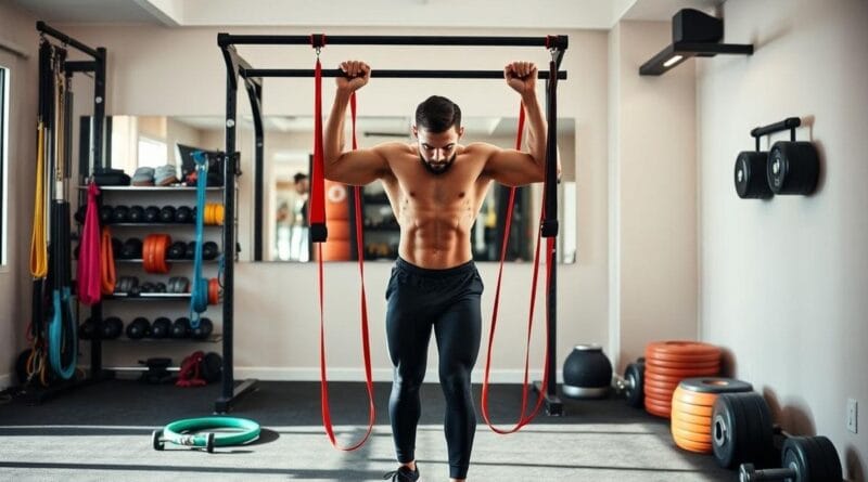 Home gym setup with resistance bands and weights