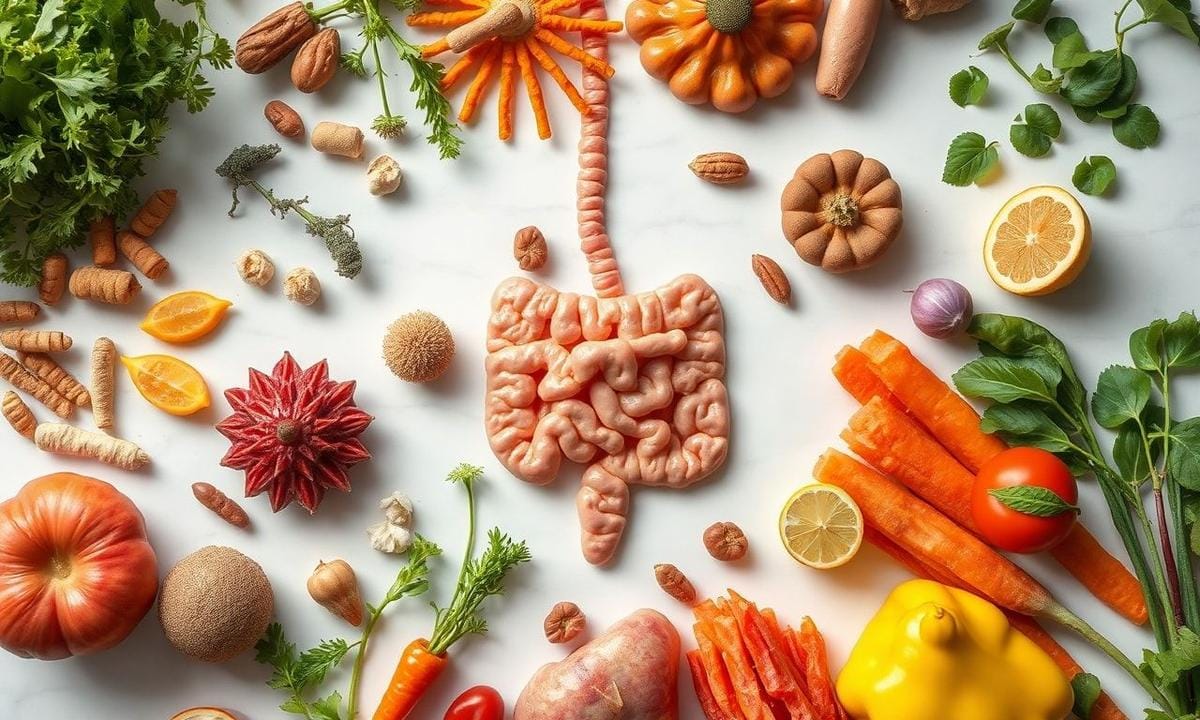 Healthy gut microbiome concept with diverse bacteria illustration