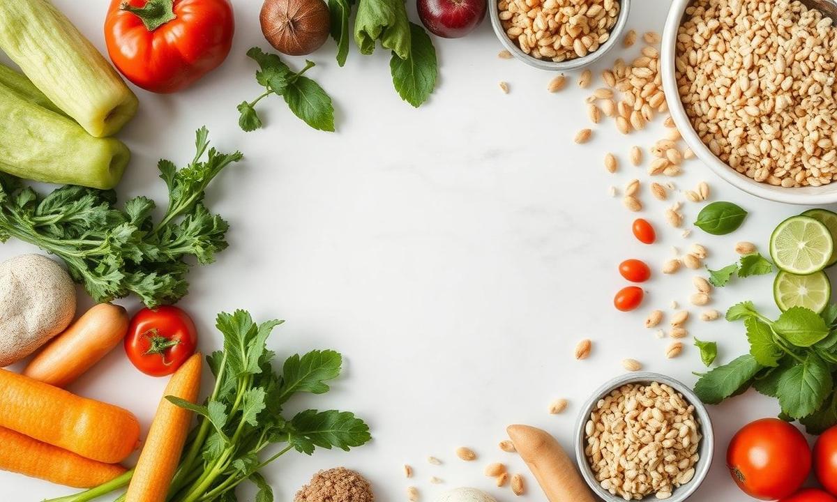 Assorted gut-healthy foods including fermented vegetables and whole grains