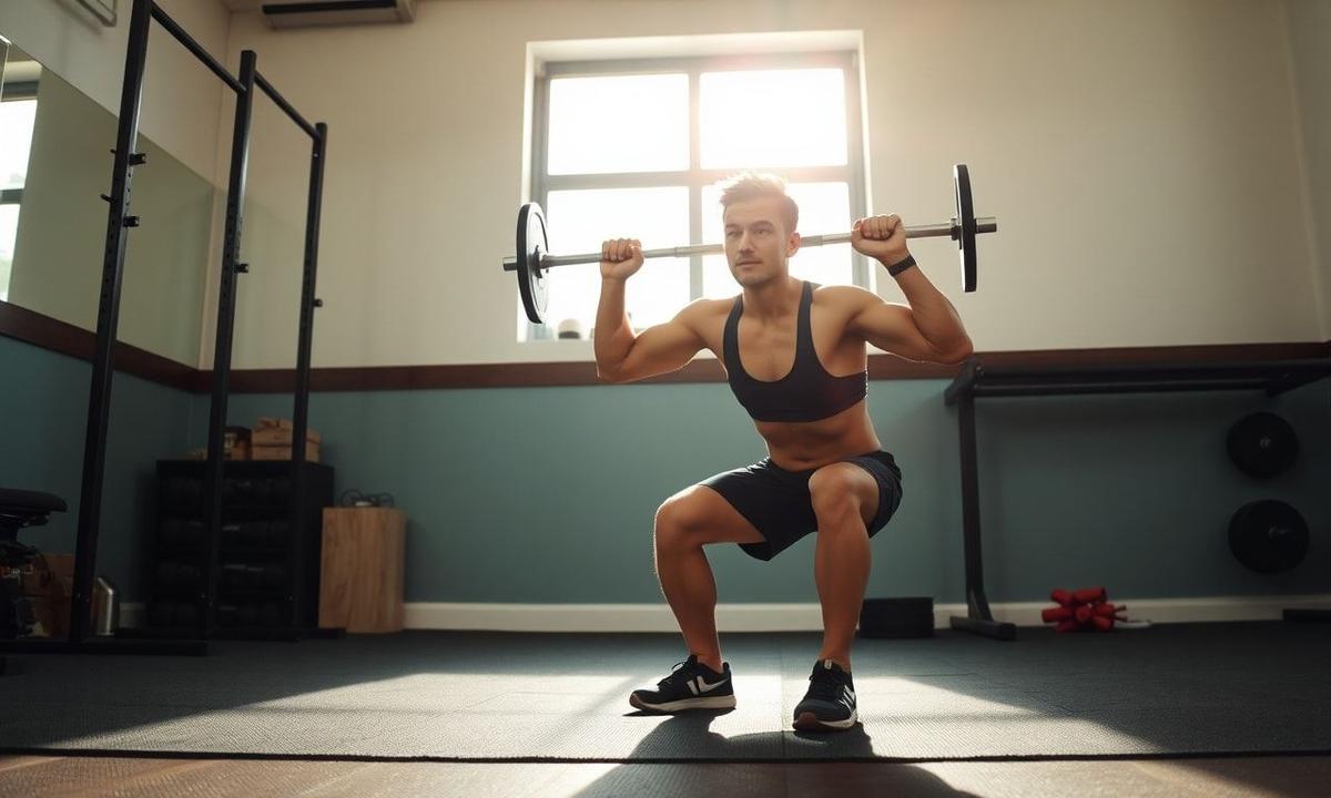 Person performing a squat with proper form in a home gym