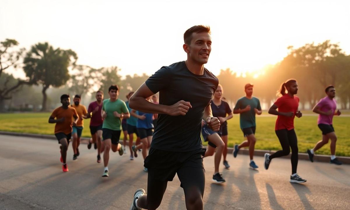 Runners gathering in a city park during sunrise in India