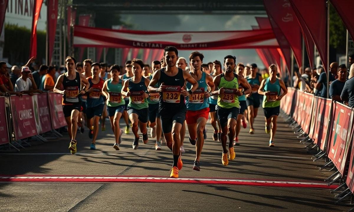 Marathon runners crossing the finish line at a major Indian race