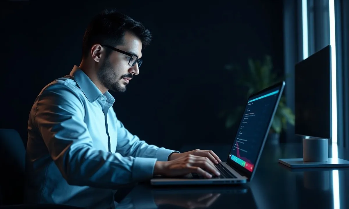 Small business owner using password manager on laptop in office