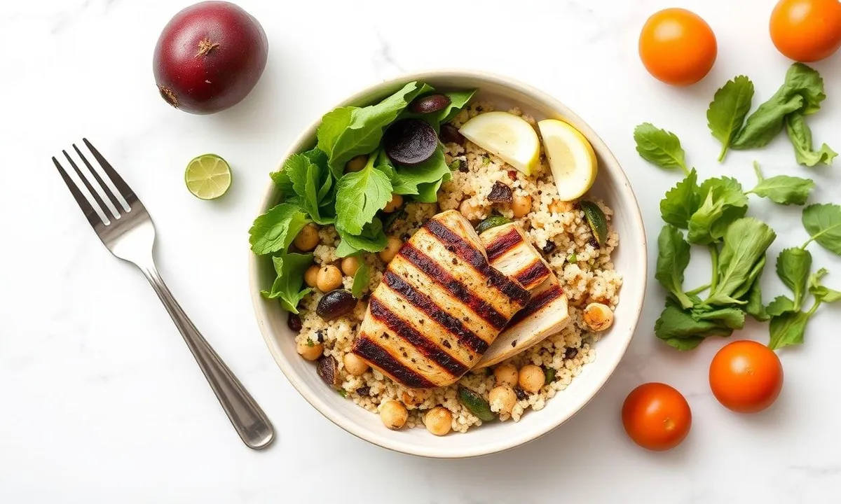 Meal prep with grilled chicken quinoa bowl and vegetables