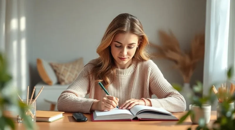 Woman journaling for emotional healing at a cozy desk
