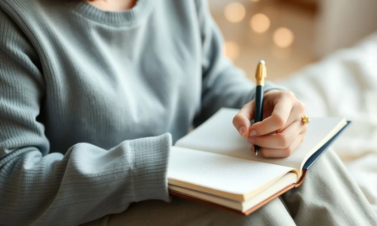 Person writing journal with deep emotional focus
