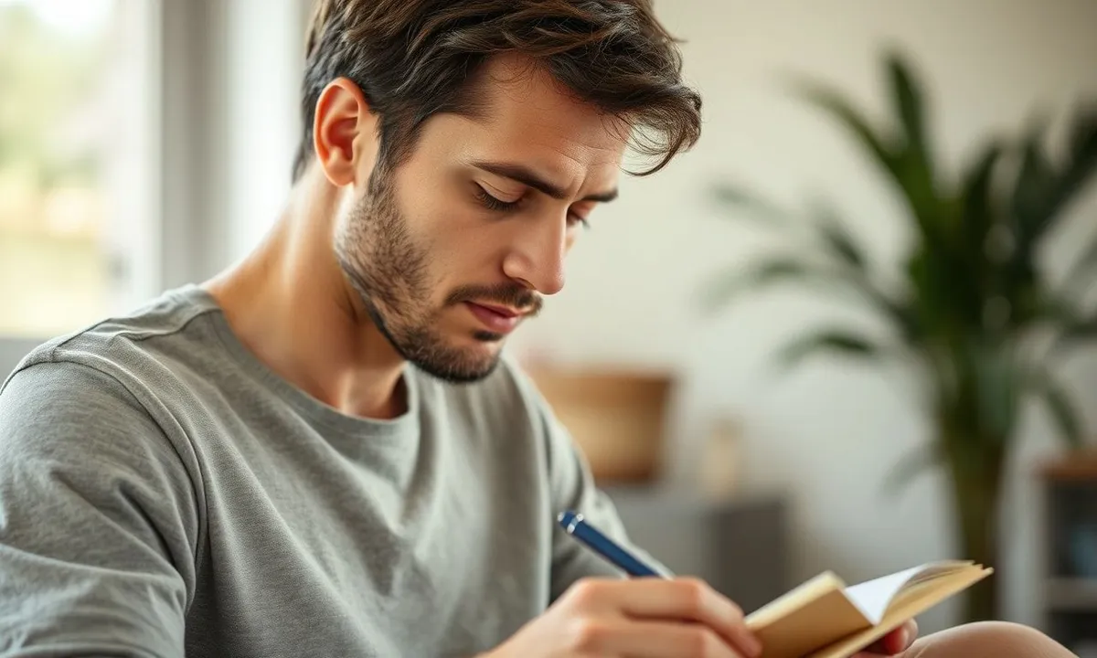 Man practicing expressive writing and breathing exercise at home