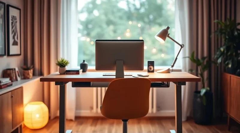 Modern standing desk setup for home office with ergonomic accessories