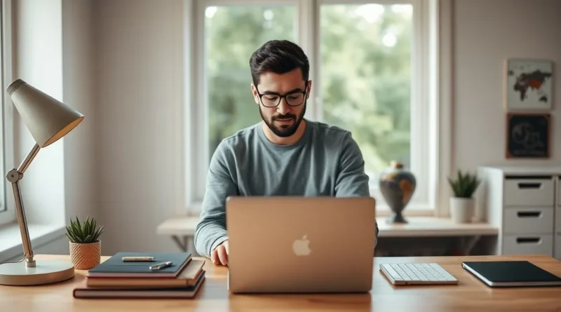 Remote worker using productivity tools at a minimalist home office desk