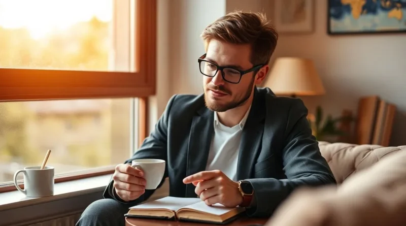 Successful professional starting morning routine with journaling and coffee