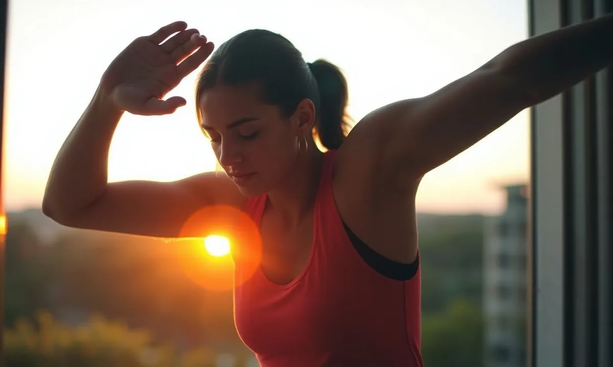 Professional doing morning exercise routine outdoors at sunrise