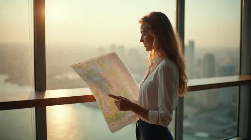 A professional looking at a map while standing on a bridge, representing a calculated career change.