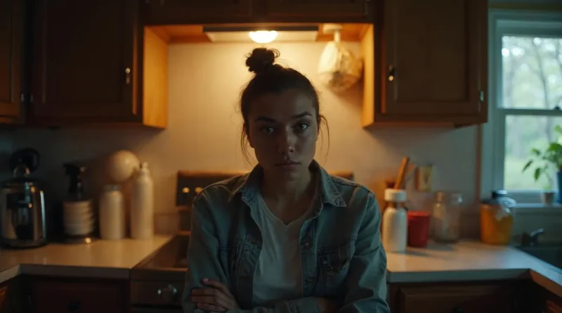 A person looking overwhelmed while standing in a messy kitchen at night, representing decision fatigue