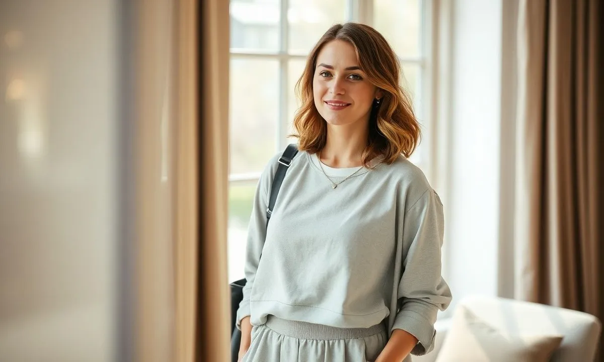 Woman wearing versatile workleisure outfit