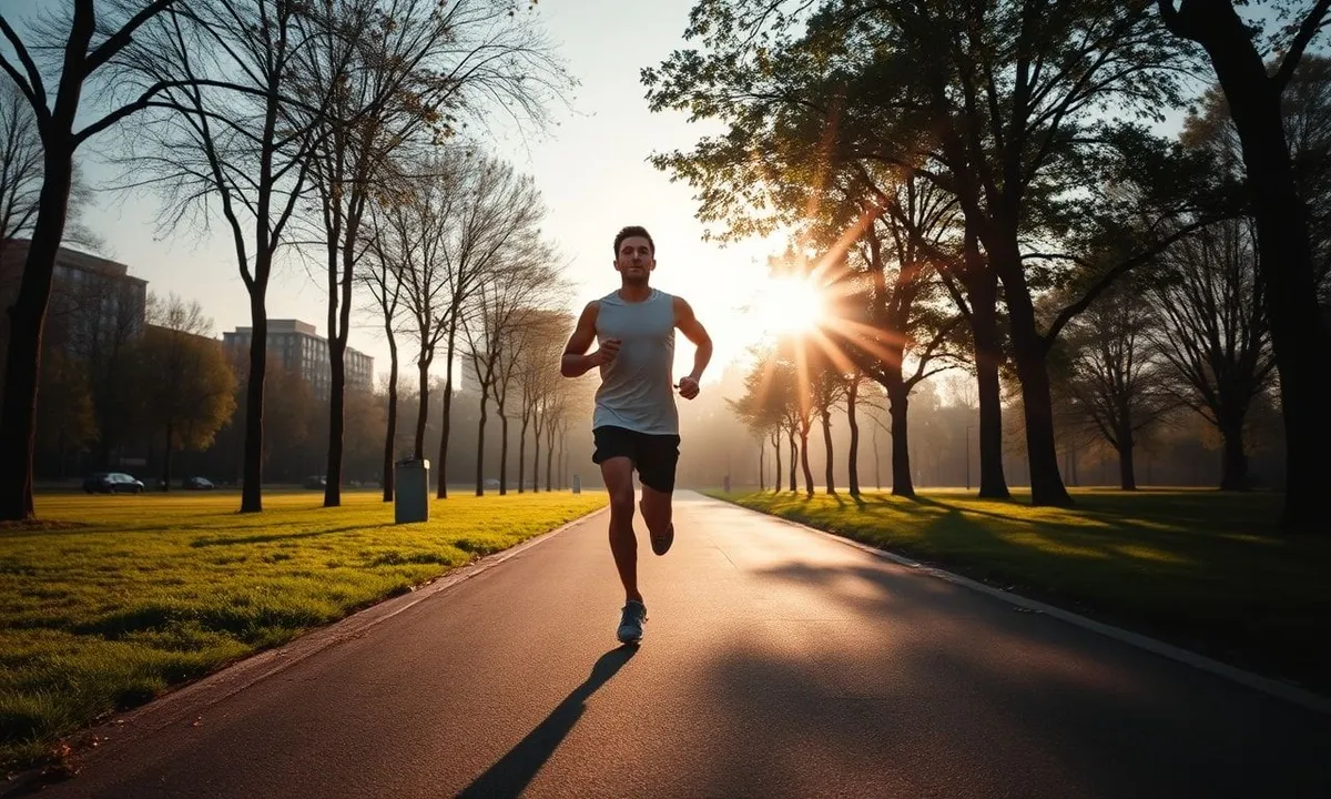Person jogging in early morning city park