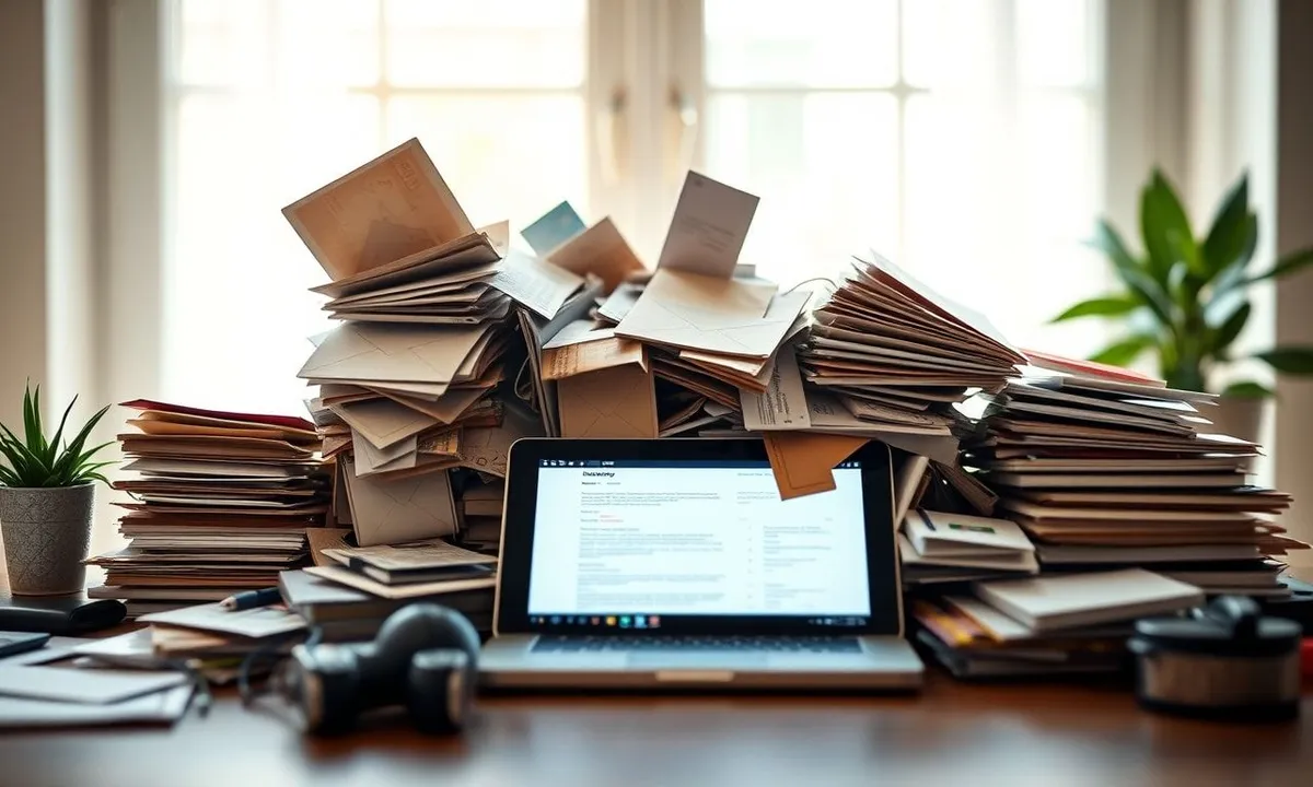 Cluttered digital devices showing email, apps, and subscription overload