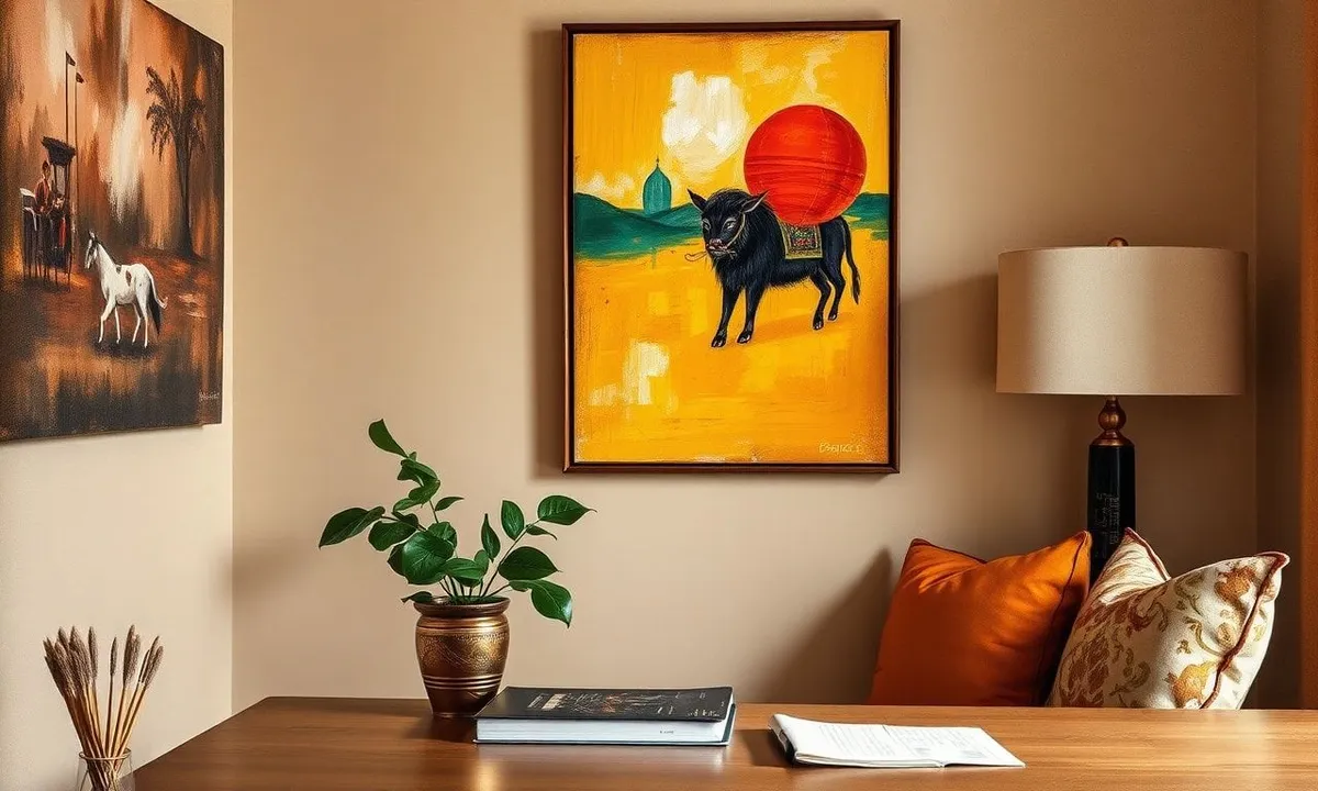 Personalized small home office with Indian art