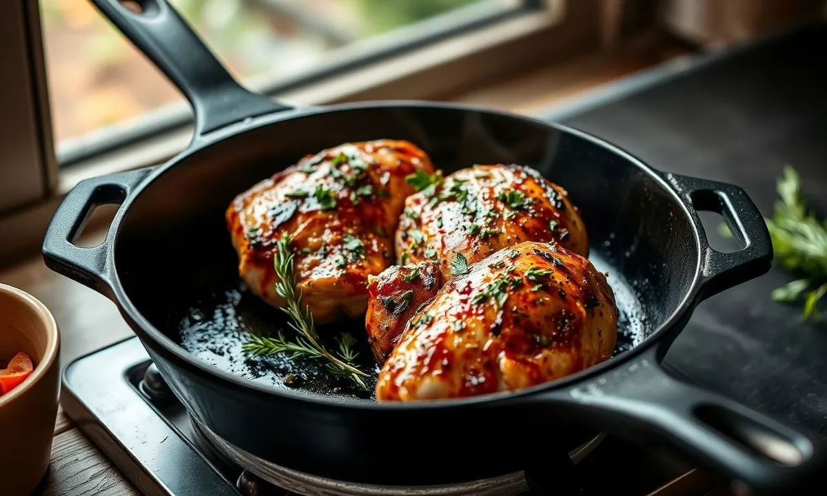 Cast iron pan searing chicken with fresh herbs