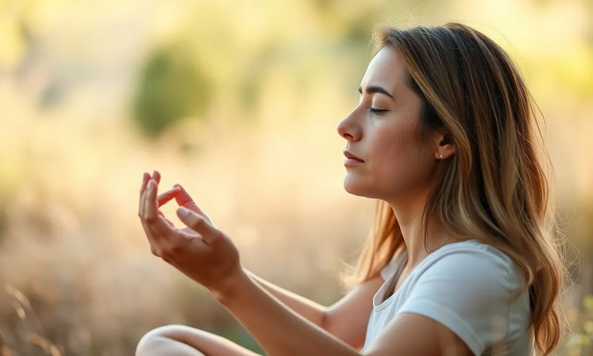 Person meditating in natural setting, practicing pranayama