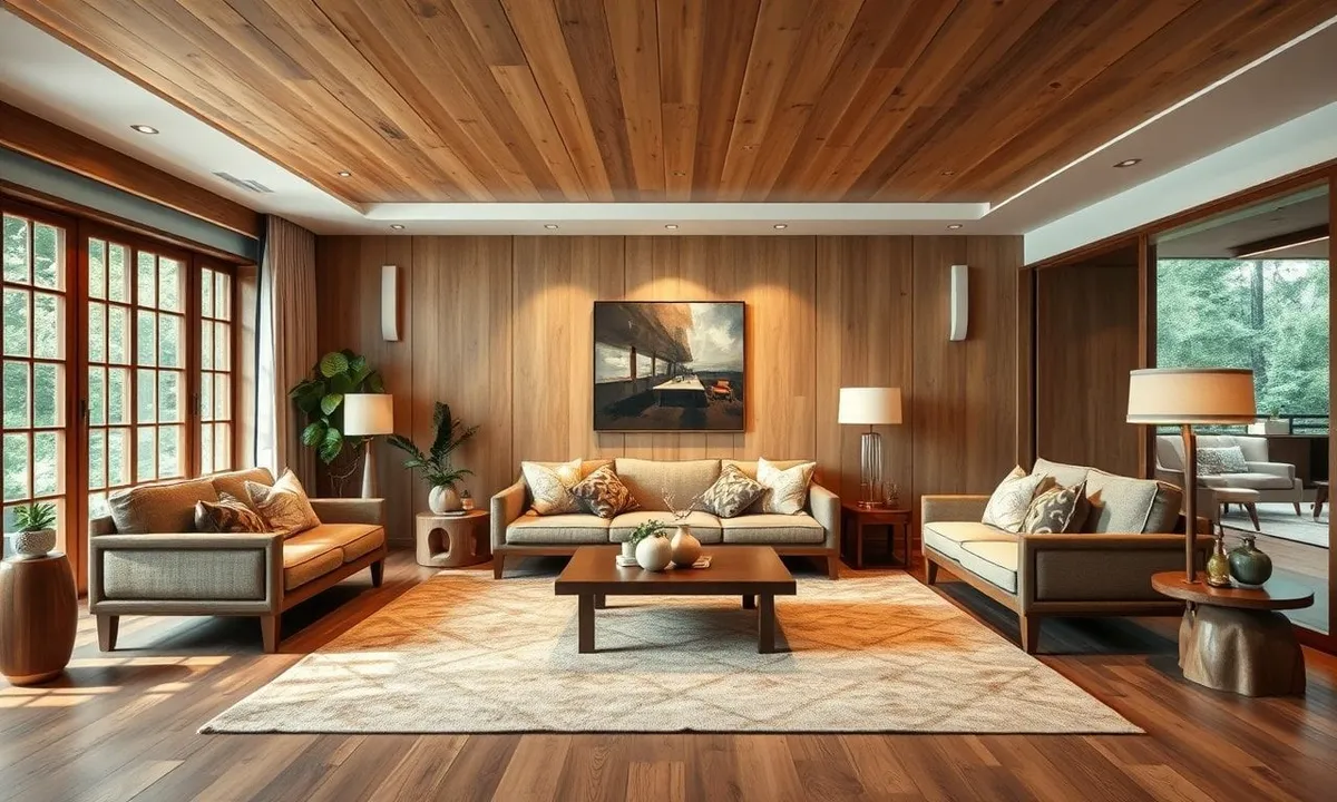 Japandi style living room with natural wood and neutral tones
