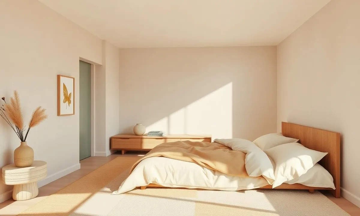 Minimalist Japandi bedroom with soft neutrals and natural textures