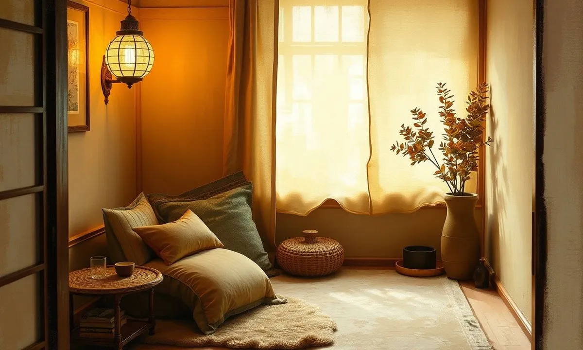 Japandi-inspired cozy nook with natural textiles and soft lighting