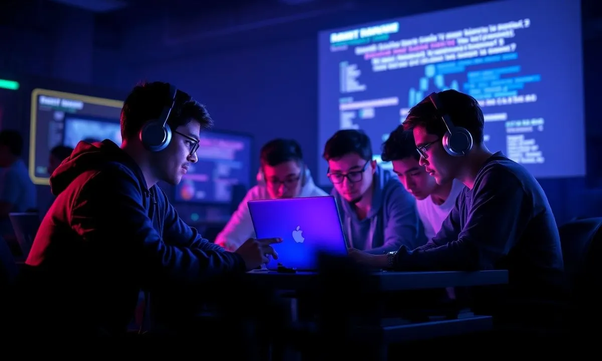 Group of coders collaborating at a hackathon