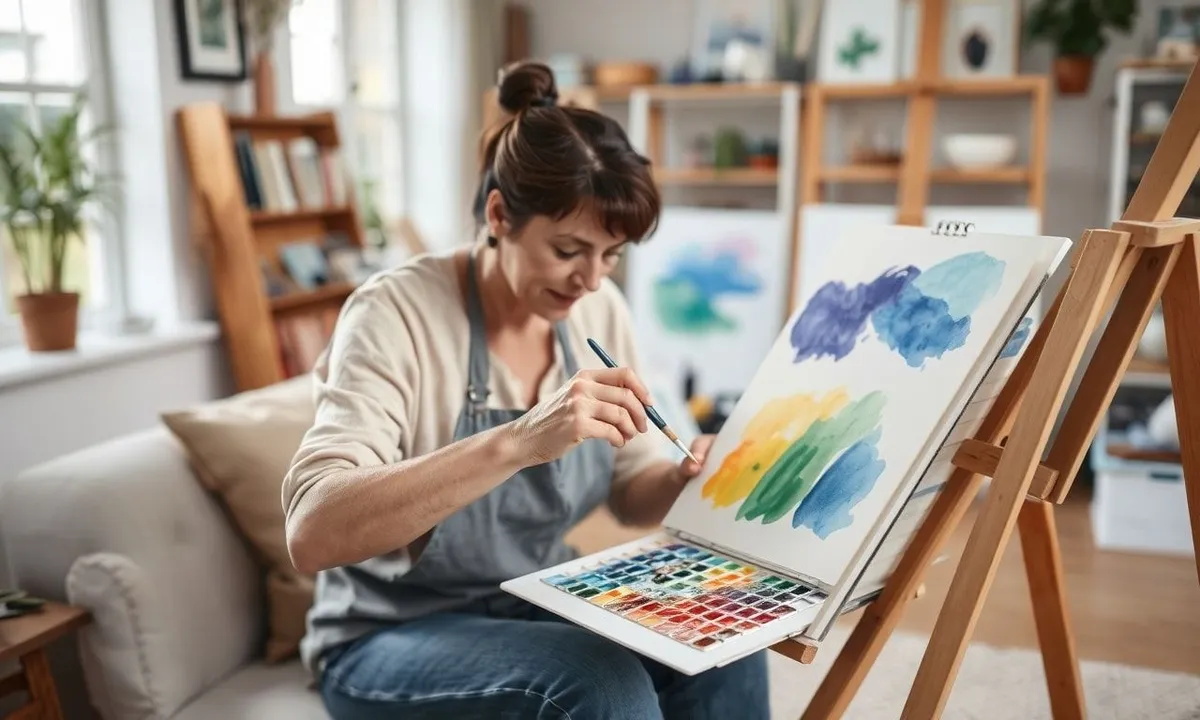 Artist blending watercolor paints in a sitting room studio