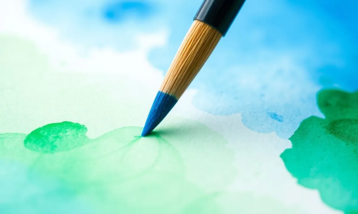 Close-up of watercolor brush blending blue and green hues