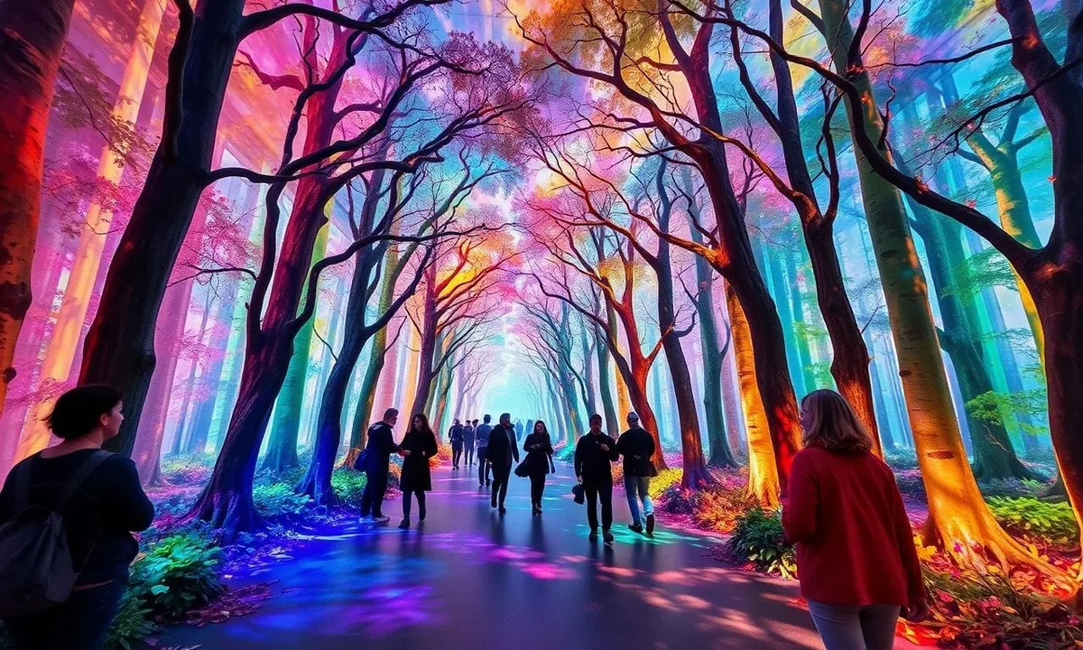 Immersive digital forest with colorful lights and visitors interacting