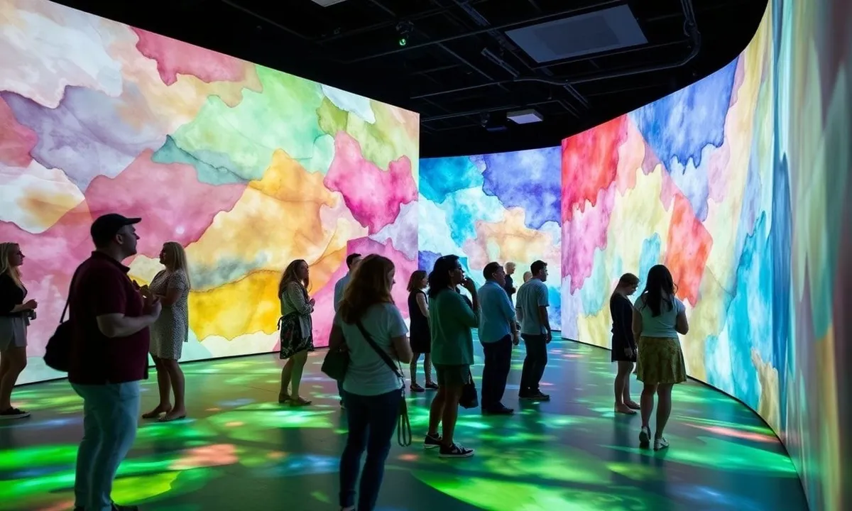 Guests interacting with digital art and projections in a vibrant immersive exhibit