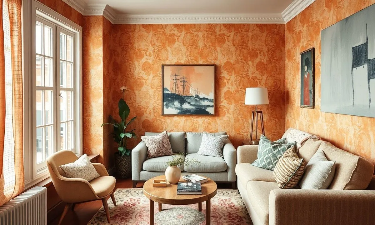 Bright rental room decorated with removable wallpaper and layered textiles