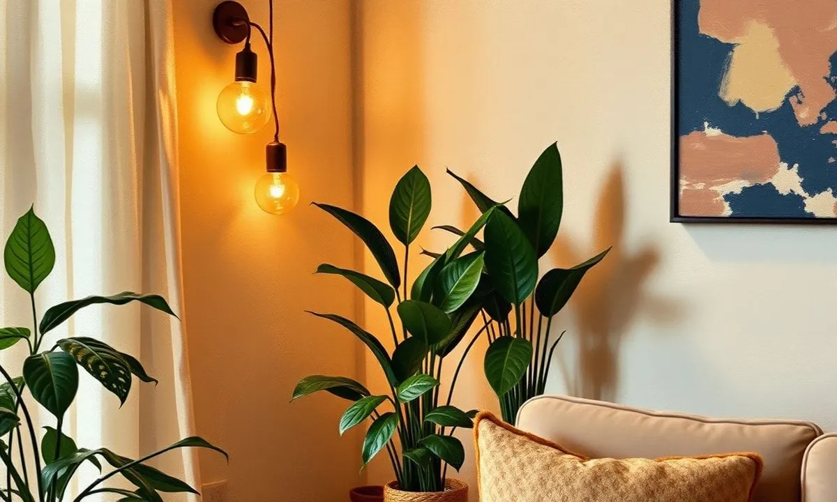 Cozy rental corner with layered lighting and indoor plants