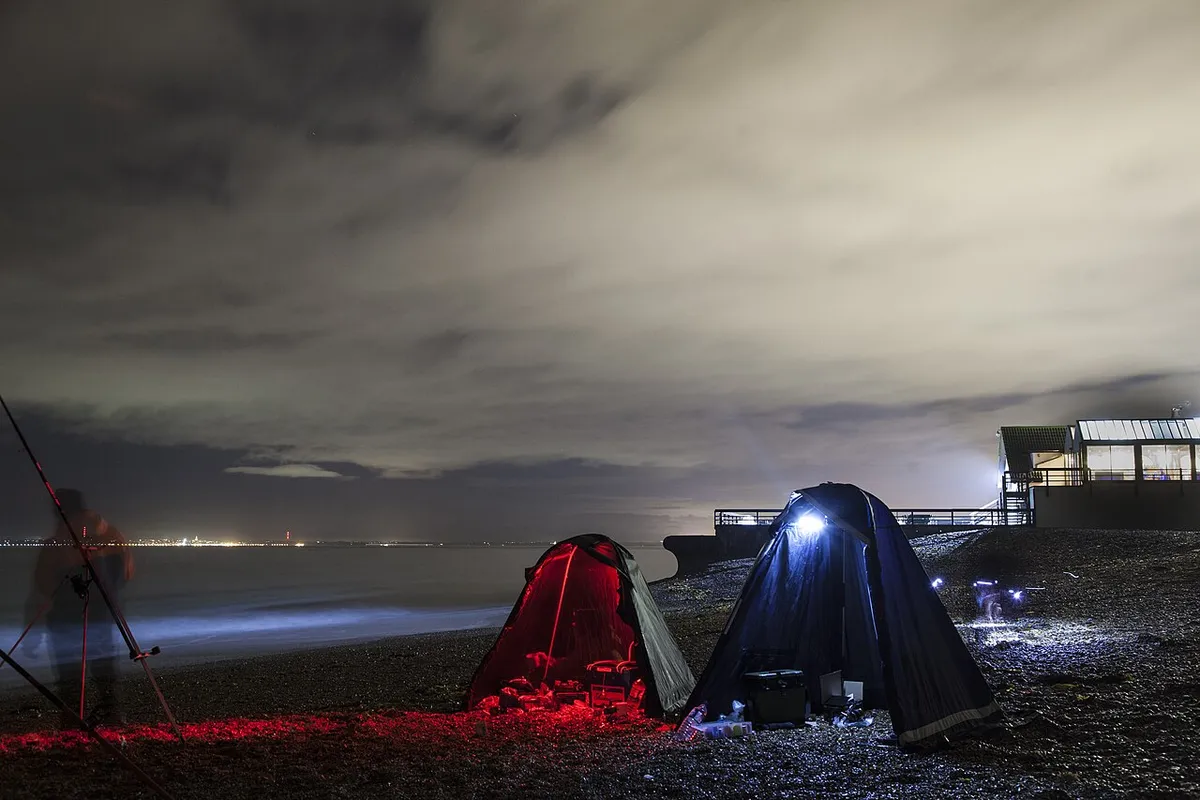 Tourists setting up cameras on the beach for a night launch