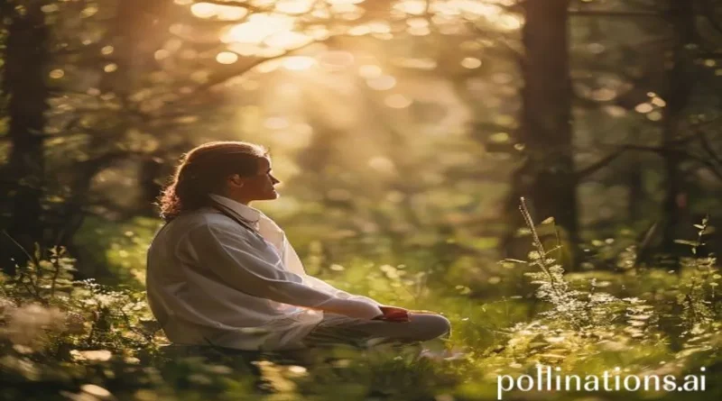 A person sitting peacefully in a sunlit forest, representing the healing power of nature for mental health