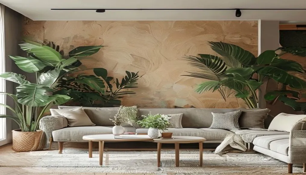 A modern living room space decorated with peel-and-stick wallpaper and plants.