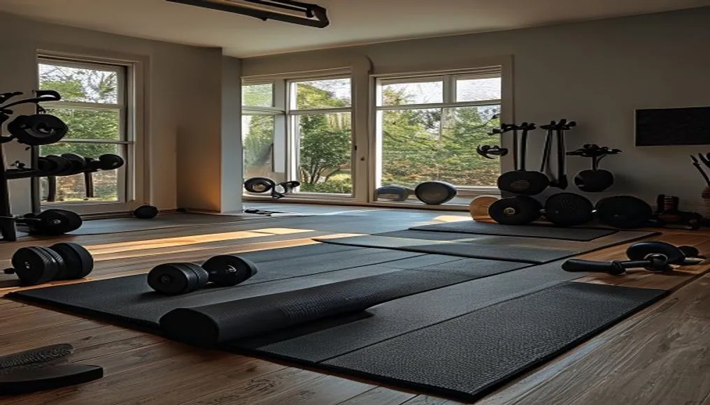 A budget-friendly home gym setup in a compact space, featuring resistance bands, dumbbells, and a yoga mat