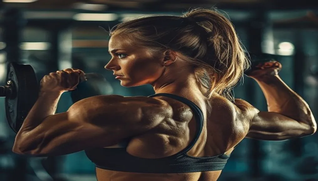 A woman confidently performing dumbbell rows with excellent form, engaging her back muscles