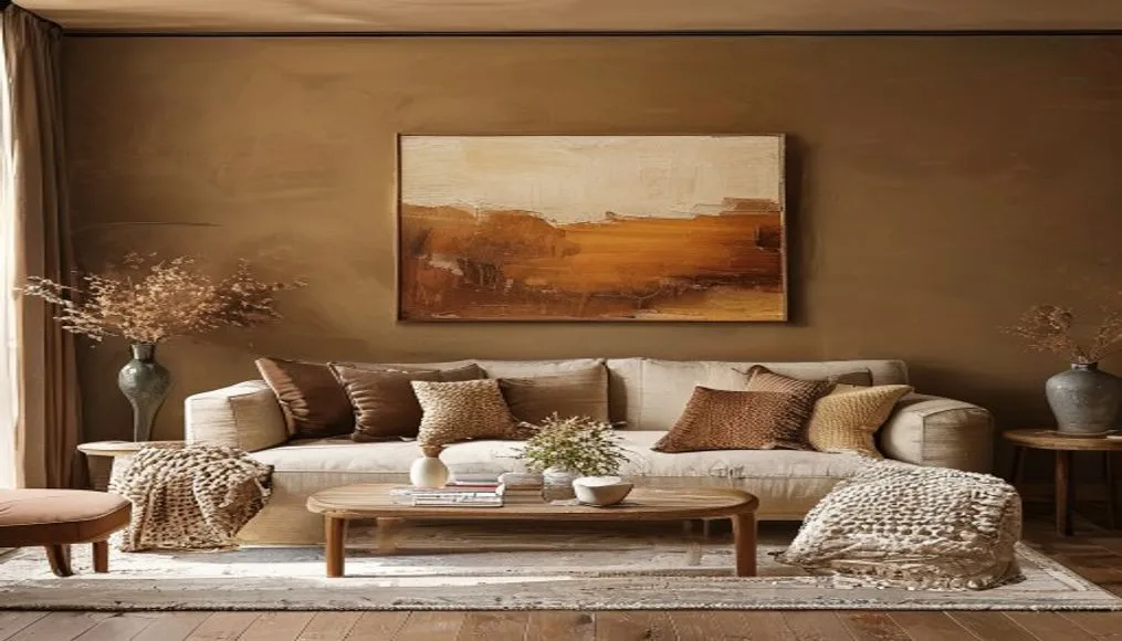 A serene living room featuring warm, earthy wall paint and natural light