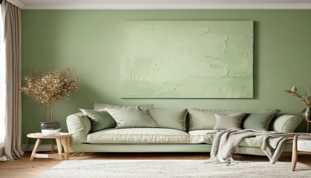 A professional painter applying a soft sage green to a living room wall
