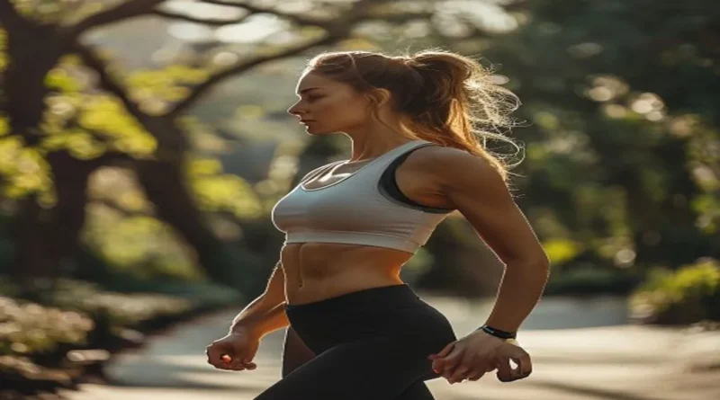 Woman power walking in urban park with fitness tracker