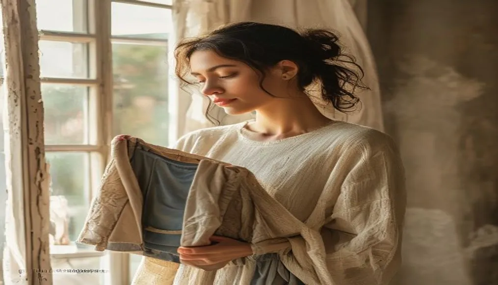 Person holding a garment with a thoughtful expression, considering the environmental impact
