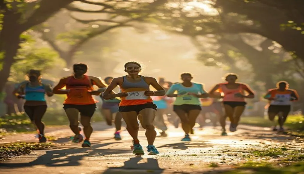 A diverse group of Indian runners participating in a morning community run through a sunlit urban park