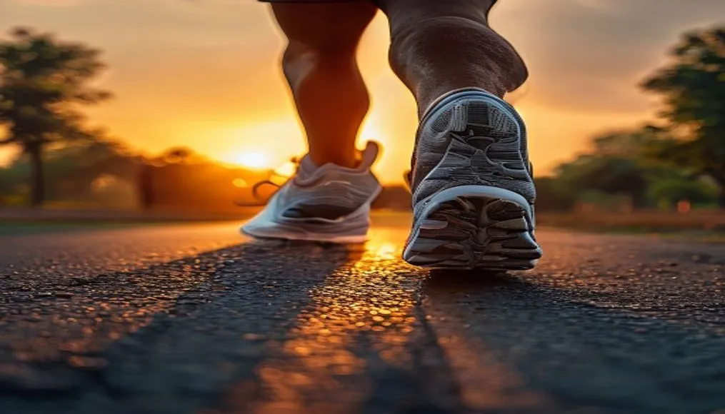 Close-up of a runner's shoes hitting the pavement during a sunset run in a city park
