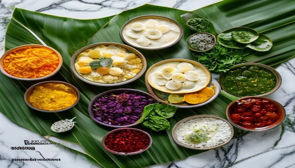 Assortment of vibrant Indian fermented foods, including dahi, idli, dosa, and pickles, arranged on a banana leaf
