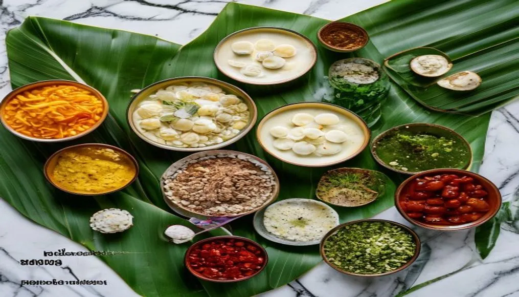 Assortment of Indian fermented foods including dahi, idli, dosa, and pickles on a banana leaf