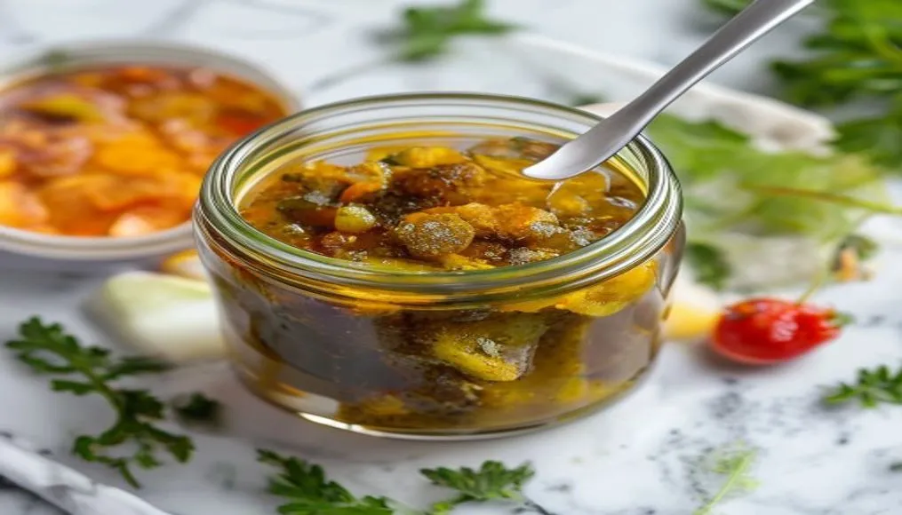 Close-up of homemade fermented Indian pickle in a glass jar with spoon