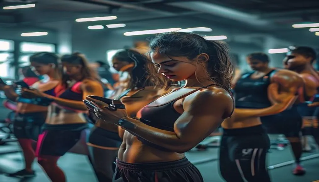 A diverse group of fitness enthusiasts in a modern Bangalore gym using smartphones to follow a live influencer workout