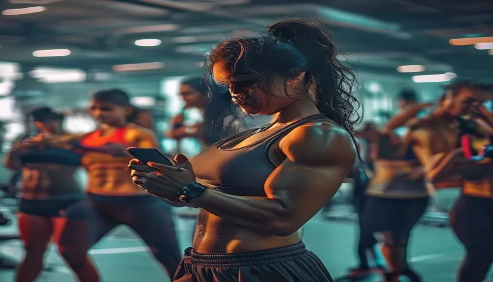 Urban Indian gym with people doing influencer-led workout using smartphones and wearables