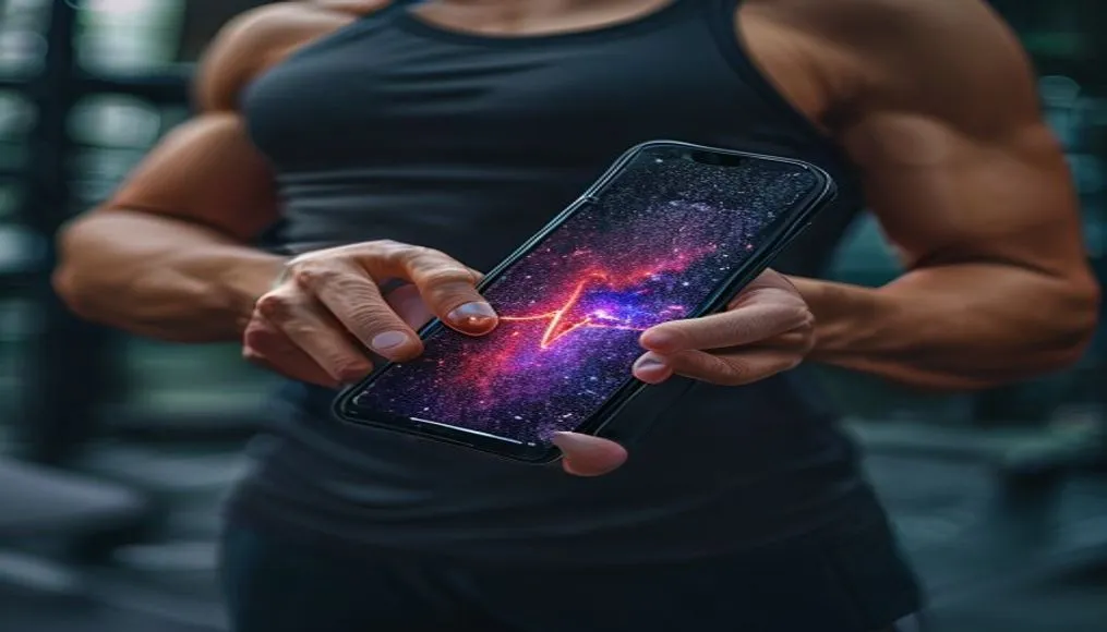 Close up of a person using a Galaxy F70e smartphone to track heart rate and calories during a kettlebell workout